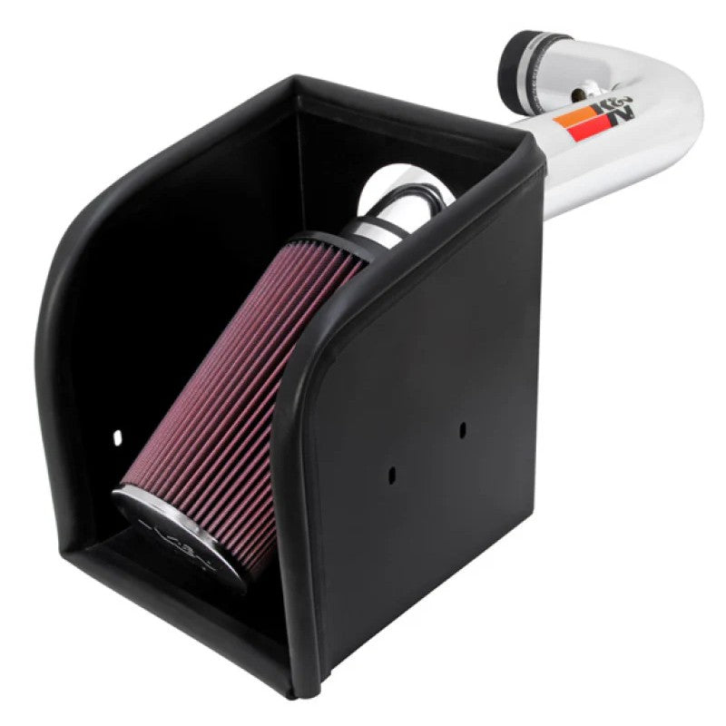 K&N high-flow cold air intake system with a polished aluminum tube and red conical oiled cotton air filter.