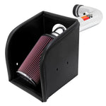 K&N high-flow cold air intake system with a polished aluminum tube and red conical oiled cotton air filter.