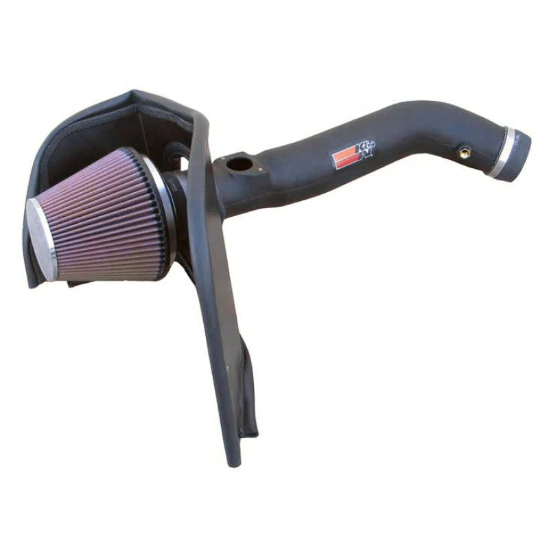 K&N performance air intake system with black HDPE tube, conical red cotton filter, and steel heat shield.