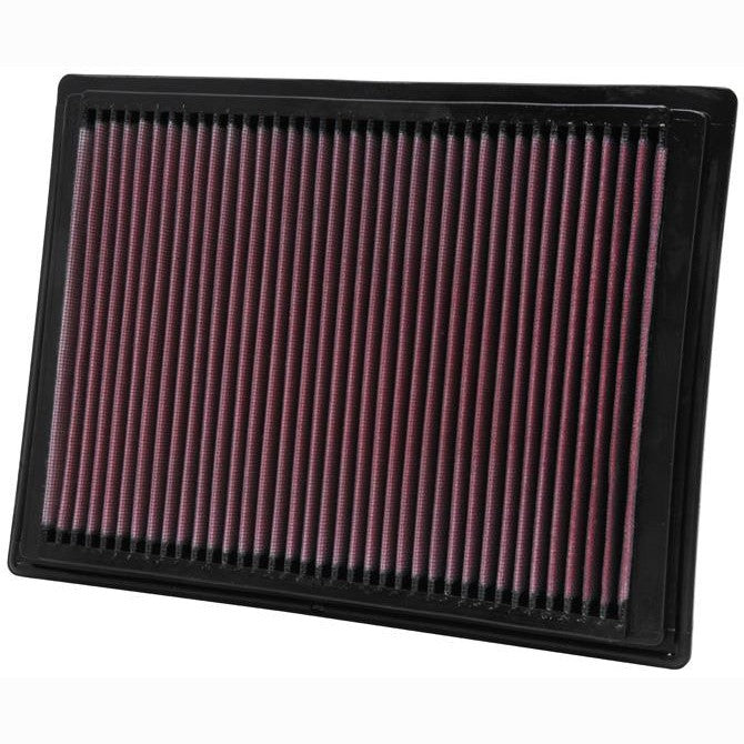 K&N 33-2287 high-flow replacement air filter with red oiled cotton gauze media and black flexible sealing frame.