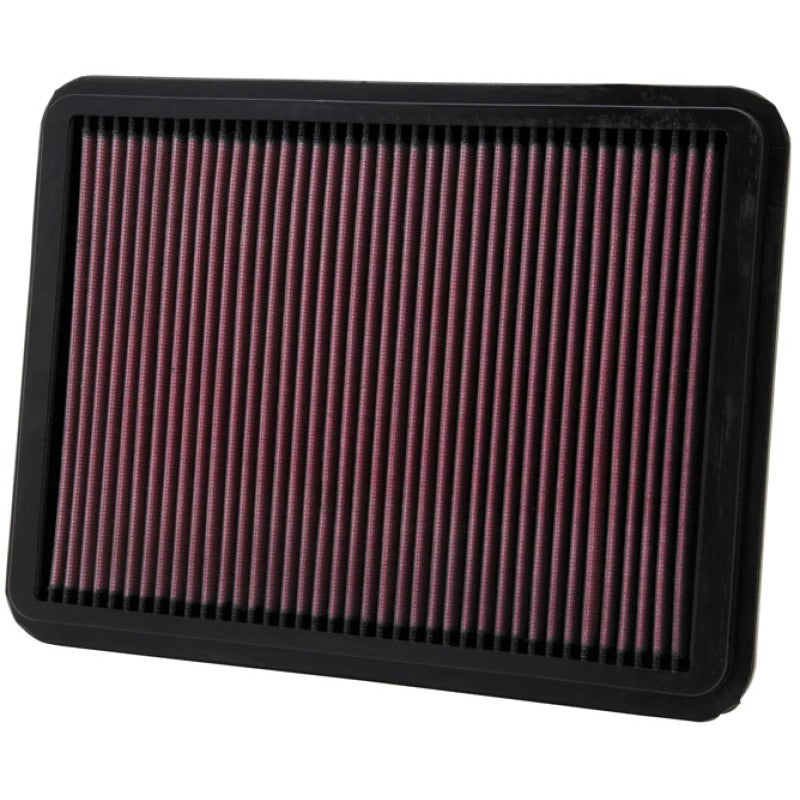 K&N 33-2144 high-flow oiled cotton drop-in air filter with red pleated media and black rubber sealing frame.