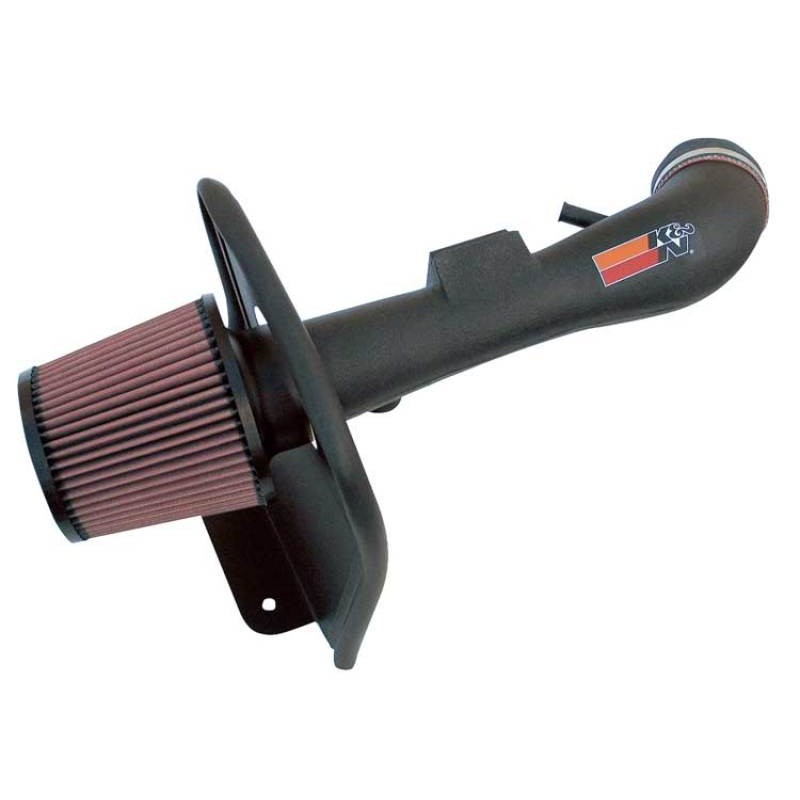 K&N 57-2561 Performance Air Intake System with black HDPE tube, red conical air filter, and custom heat shield.