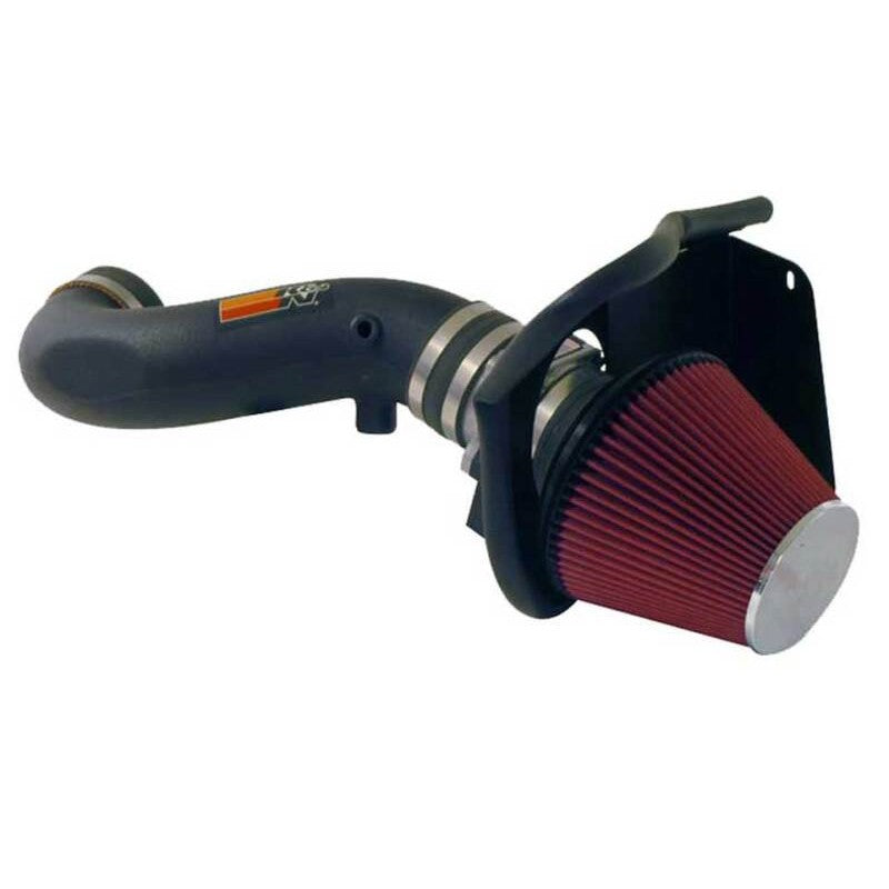 K&N 57 Series FIPK intake kit featuring black HDPE tube, heat shield, and red oiled cotton air filter for 2004 Pontiac GTO.