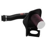 K&N 57-3515 air intake system featuring a black HDPE tube, red oiled cotton filter, and custom black heat shield.
