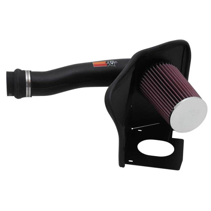 K&N 57-3515 air intake system featuring a black HDPE tube, red oiled cotton filter, and custom black heat shield.