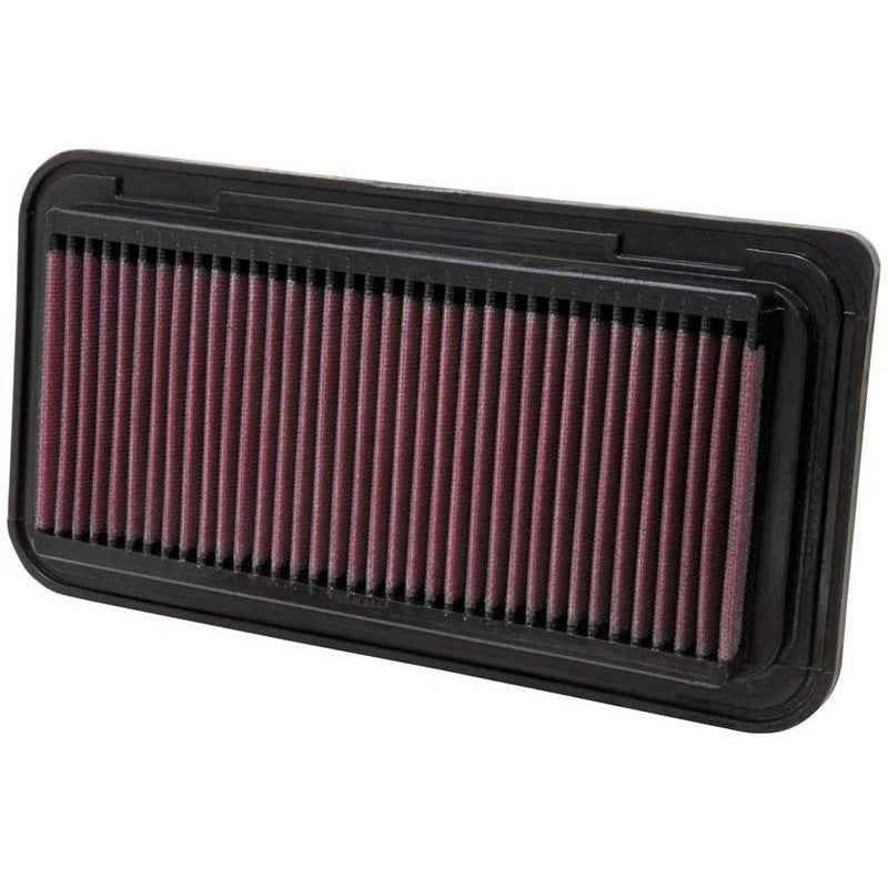 K&N 33-2300 High-Flow Drop-In Air Filter featuring red oiled cotton media and a durable black polyurethane frame.