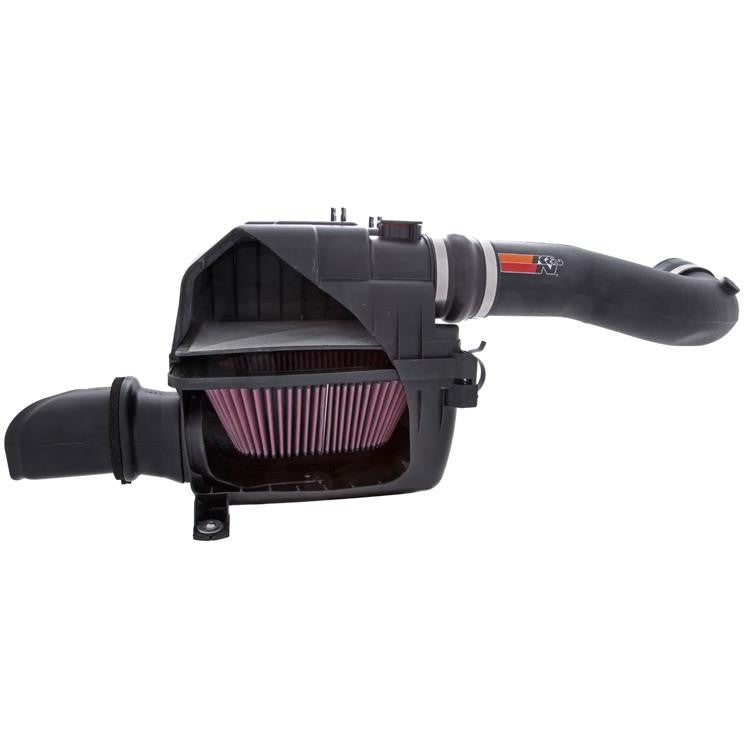 K&N 57-9027 FIPK air intake kit with black intake tube and red conical filter for 2005-2006 Toyota 4.7L engines.