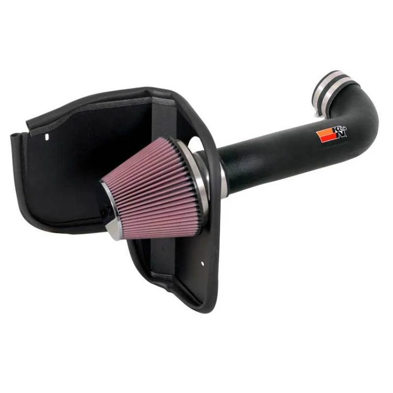 K&N 57 Series performance intake kit featuring a black HDPE tube, heat shield, and red oiled cotton air filter.