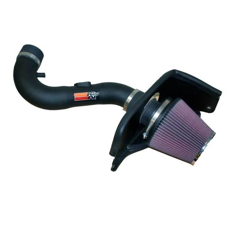 K&N performance intake system with black HDPE intake tube and red oiled cotton air filter for 2005-2009 Ford Mustang.