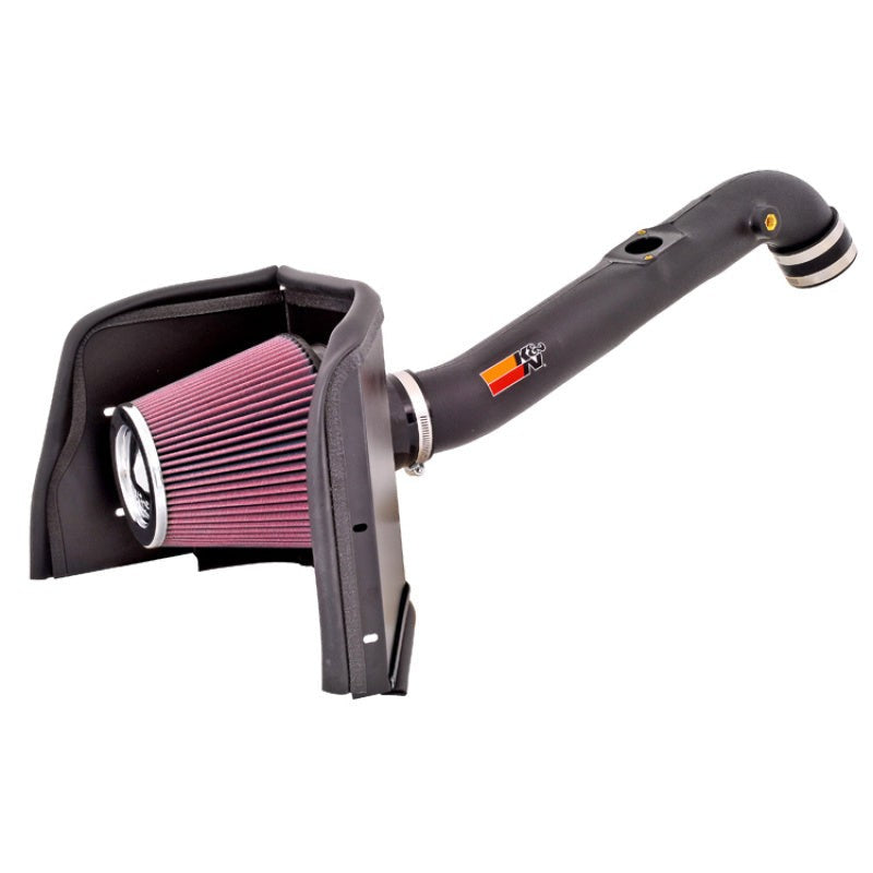 K&N 63-9026 AirCharger cold air intake featuring black HDPE tube and red conical filter for 2005-2023 Toyota Tacoma.