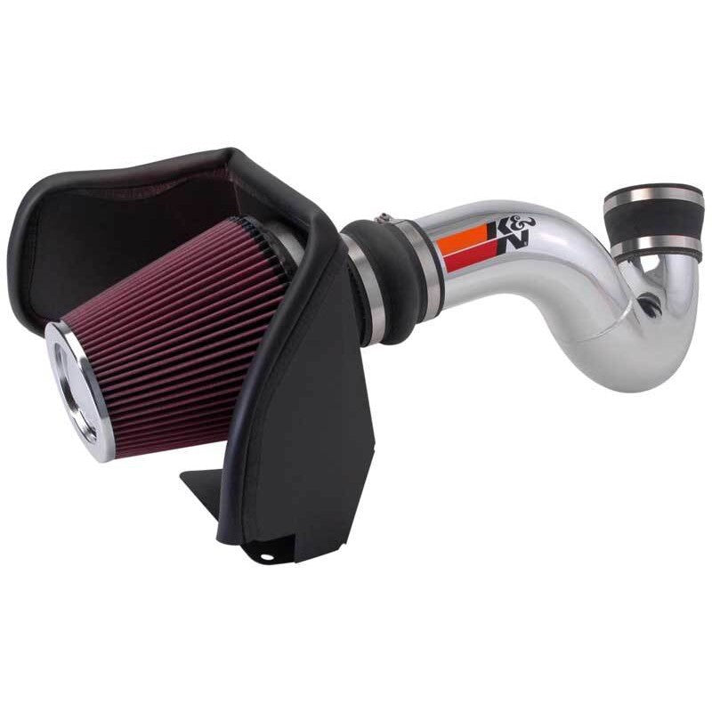 K&N 77-3050KP cold air intake system with a polished aluminum tube, red oiled air filter, and black heat shield.
