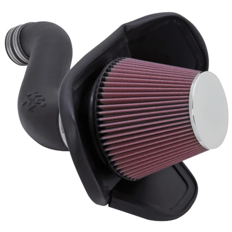 K&N 57-1543 Performance Intake Kit with black HDPE tube, heat shield, and red oiled cotton air filter