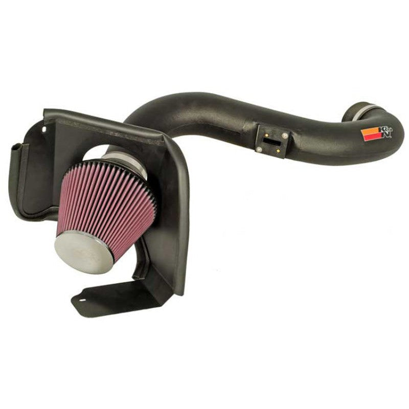 K&N 57 Series performance intake system featuring a black HDPE tube, heat shield, and red oiled cotton air filter.