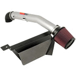 K&N Typhoon short ram intake with silver mandrel-bent aluminum tube, red conical filter, and black heat shield.