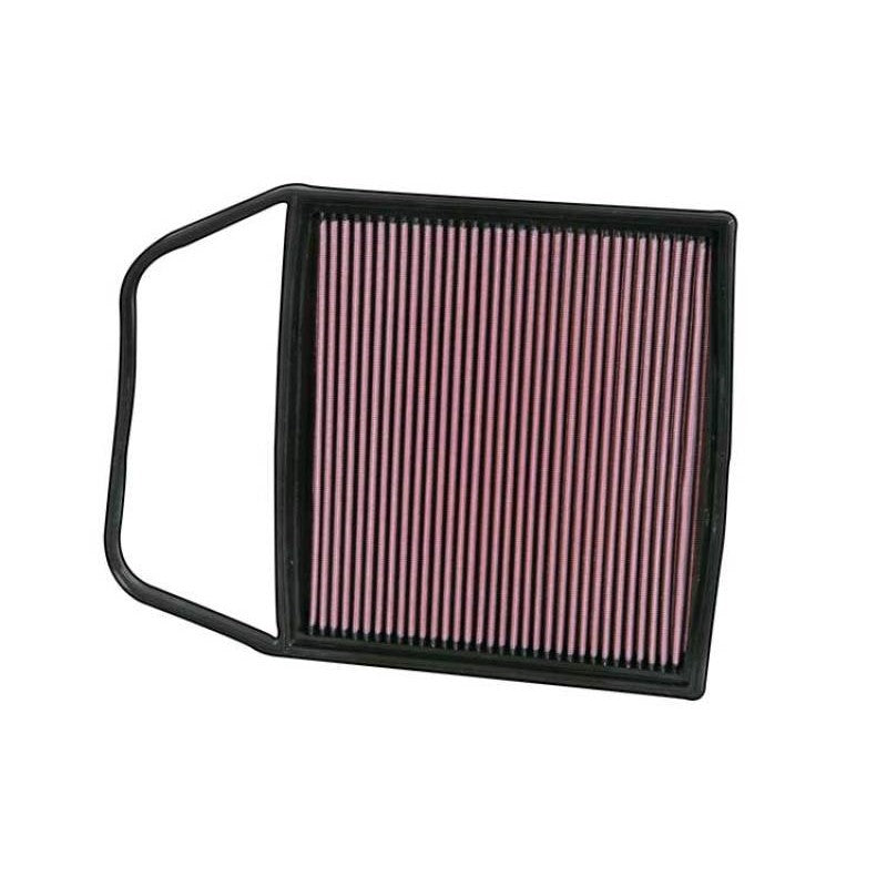 K&N 33-2367 rectangular high-flow oiled cotton replacement air filter with red pleated media