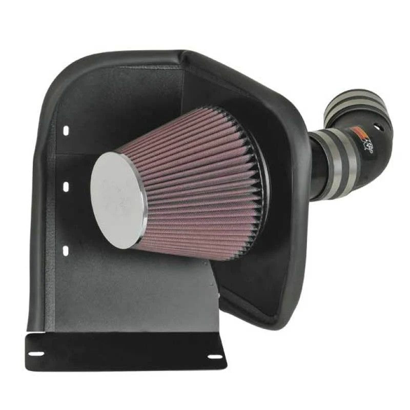 K&N AirCharger performance intake system 63-3059 with black HDPE tube, conical red air filter, and black heat shield