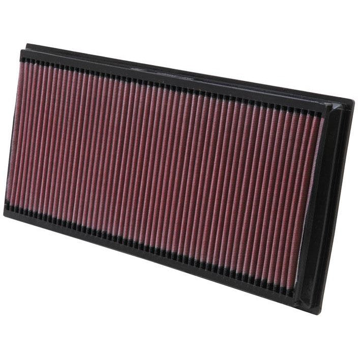 K&N 33-2857 replacement air filter featuring pleated red oiled cotton media and a durable black flexible perimeter seal.