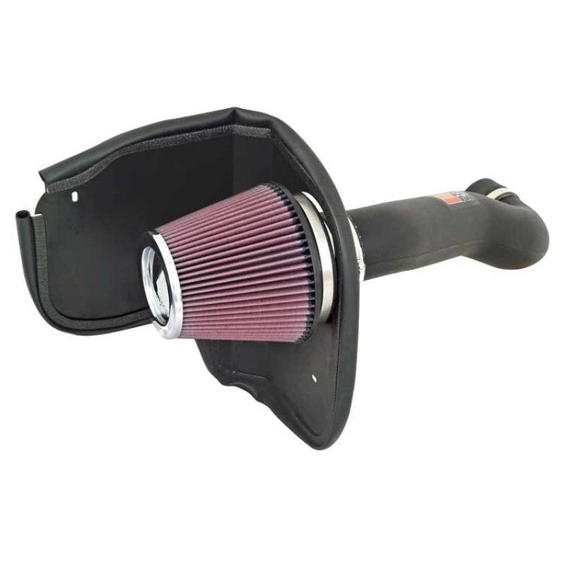 K&N 57-1555 air intake kit for Jeep Grand Cherokee SRT8 showing the HDPE intake tube and oversized conical air filter