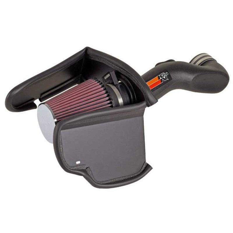 K&N 57 Series performance air intake kit with black HDPE tube and red conical oiled cotton air filter.