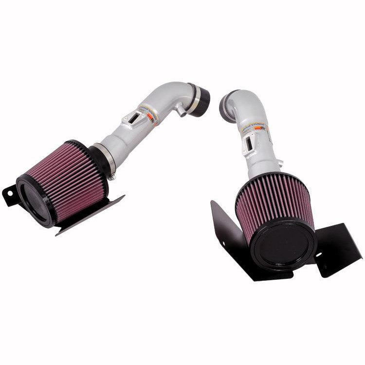 K&N Typhoon dual short ram intake kit with silver powder-coated aluminum tubes and red conical air filters for Nissan 350Z.
