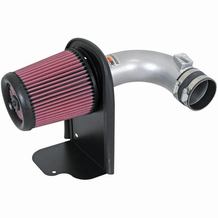 K&N Typhoon silver mandrel-bent aluminum short ram intake tube with conical filter and heat shield.