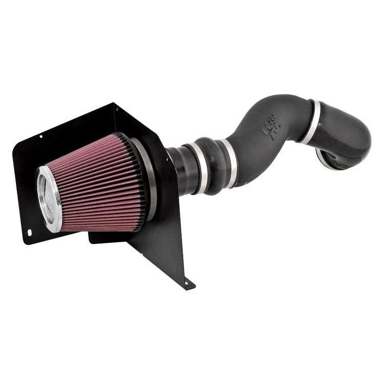 K&N 57-3067 performance air intake system with black HDPE induction tube and red oiled cotton air filter.