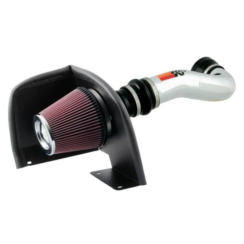 K&N cold air intake system with polished aluminum tube, black heat shield, and red conical oiled cotton air filter.