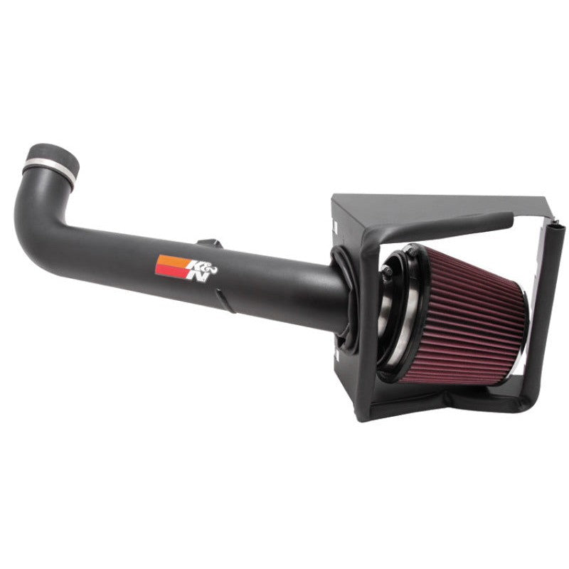 K&N 77 Series performance air intake kit with black mandrel-bent tube, oversized conical filter, and custom heat shield.