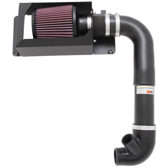 K&N 69 Series Typhoon short ram intake system with black aluminum tube, conical red filter, and custom heat shield