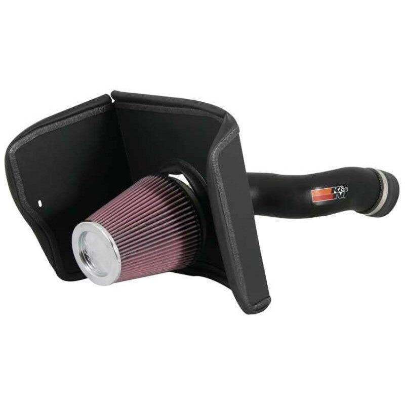 K&N 63-9031-1 AirCharger intake system for Toyota Tundra with black HDPE tube, heat shield, and red oiled cotton filter.