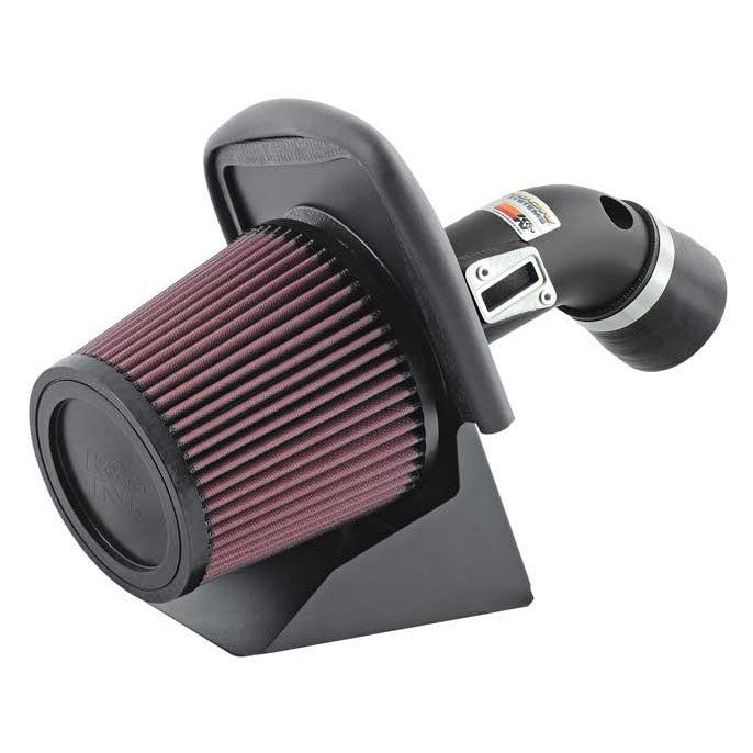 K&N Typhoon short ram intake system featuring a mandrel-bent aluminum tube and red oiled cotton conical air filter.