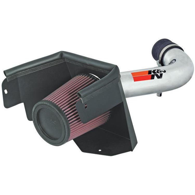 K&N 77-1553KP performance intake kit with polished aluminum tube, red conical air filter, and black heat shield.