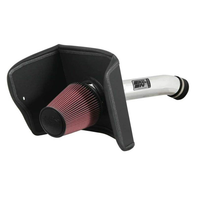 K&N 77 Series intake system with silver mandrel-bent aluminum tube, black heat shield, and red oiled cotton air filter