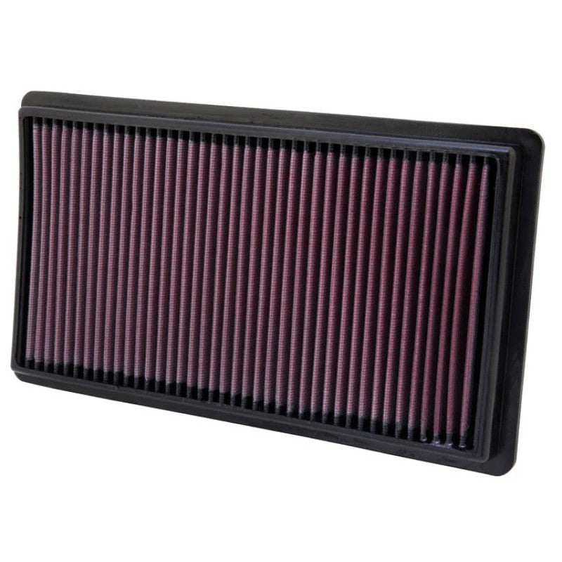 K&N 33-2395 high-flow washable replacement air filter featuring red layered oiled cotton media and a black rubber frame.