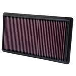 K&N 33-2395 high-flow washable replacement air filter featuring red layered oiled cotton media and a black rubber frame.