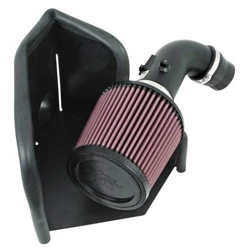 K&N Typhoon Series short ram intake system with mandrel-bent aluminum tube and red conical high-flow air filter.