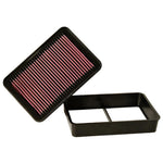 K&N 33-2392 high-flow oiled cotton drop-in air filter with red pleated media and black rectangular frame.