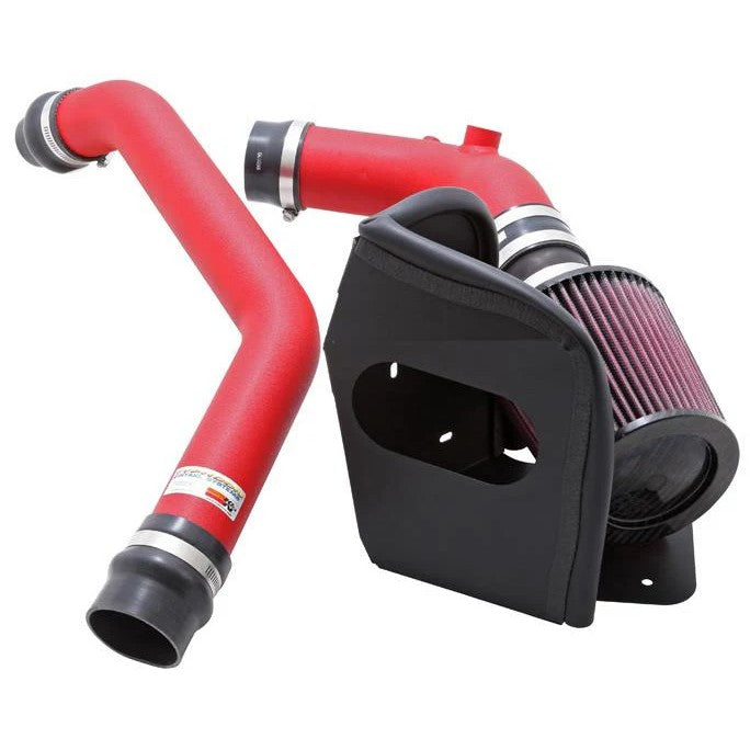 K&N Typhoon cold air intake system for Mitsubishi Lancer with wrinkle red aluminum tube and conical air filter.