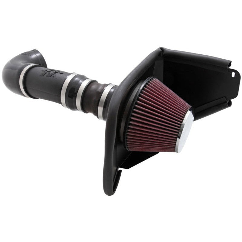 K&N 63-3072 AirCharger intake system with black roto-molded HDPE tube, heat shield, and red conical air filter.