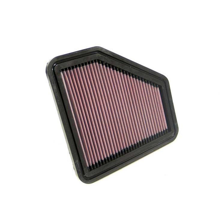 K&N 33-2326 high-flow replacement air filter with red pleated oiled cotton media and black flexible frame