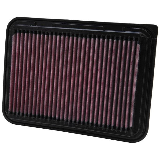 K&N 33-2360 rectangular high-flow air filter with red oiled cotton pleats and black polyurethane frame.
