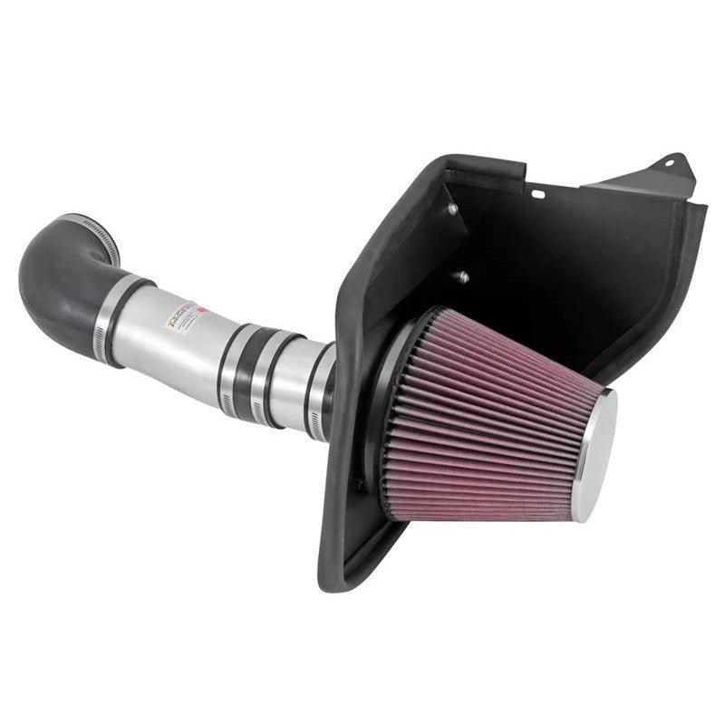 K&N 69 Series Typhoon performance intake kit with silver mandrel-bent tube and red conical air filter for Cadillac CTS.