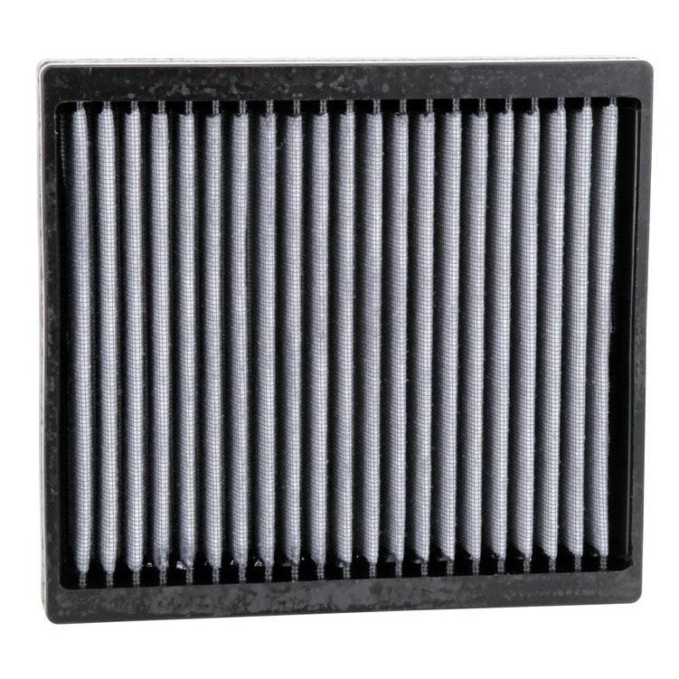 K&N VF2004 washable cabin air filter featuring white pleated synthetic filtration media and a black flexible frame.