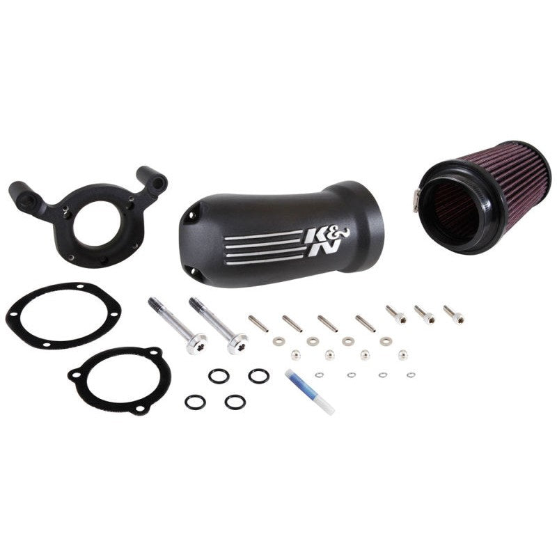 K&N 57-1134 FIPK air intake system featuring cast aluminum tube and high-flow filter for Harley-Davidson motorcycles.