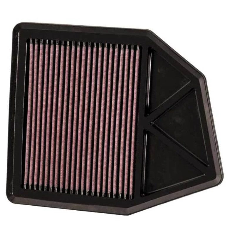 K&N 33-2402 high-flow replacement air filter featuring pleated red oiled cotton media in a black frame
