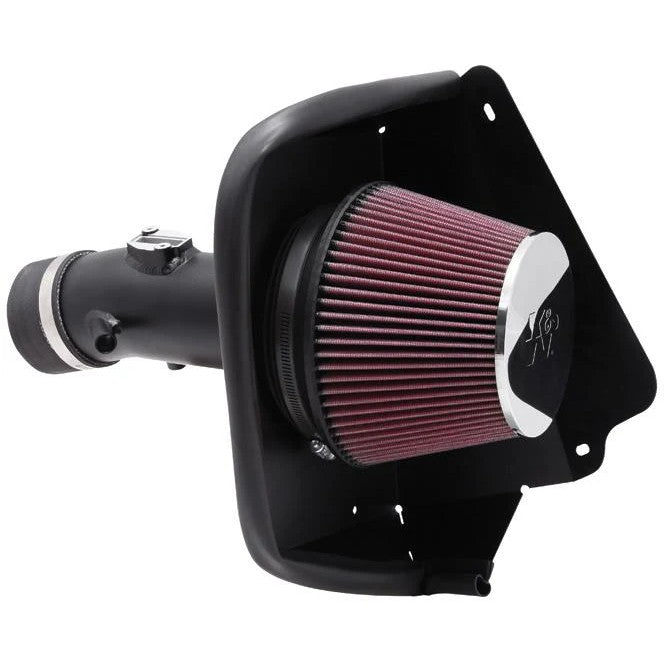 K&N Typhoon Series short ram air intake with black aluminum tube and red conical filter for Nissan Maxima.