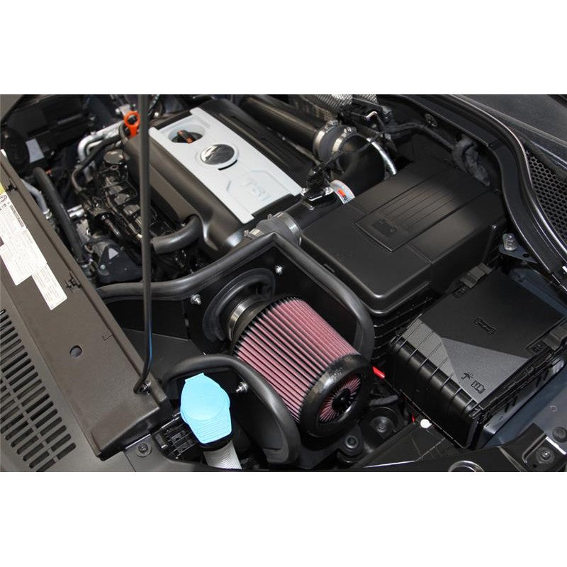 K&N Typhoon air intake system with black mandrel-bent aluminum tube, heat shield, and red conical air filter