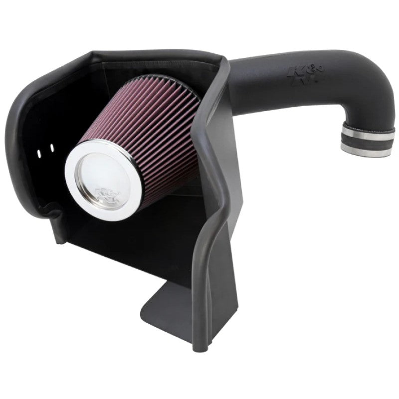 K&N Performance Air Intake System with black HDPE induction tube and red oiled cotton air filter for 5.7L Ram trucks.