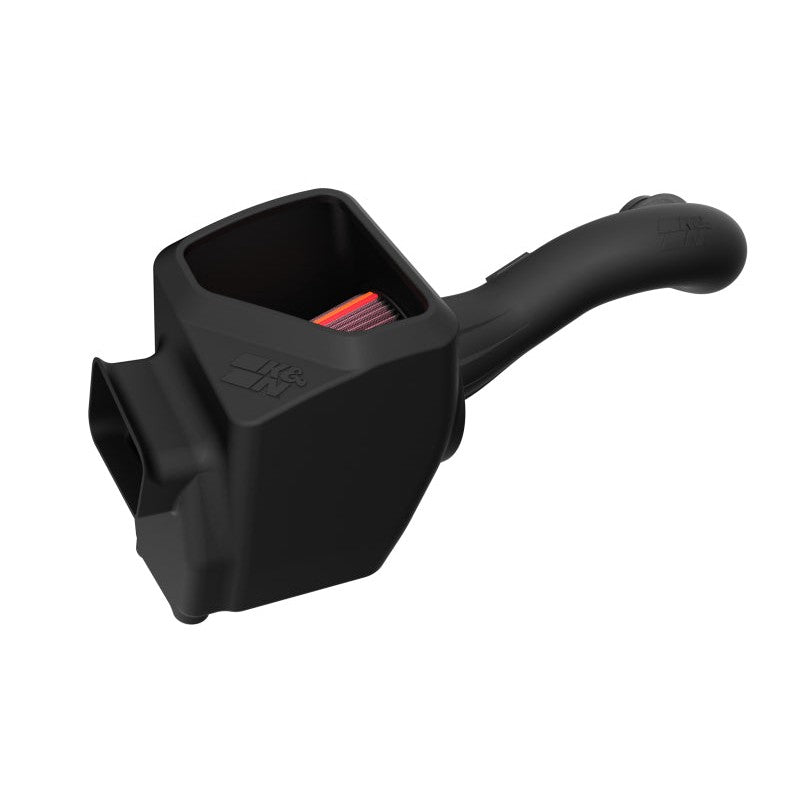 K&N NextGen air intake with black HDPE tube, custom air box, and red conical oiled cotton filter.