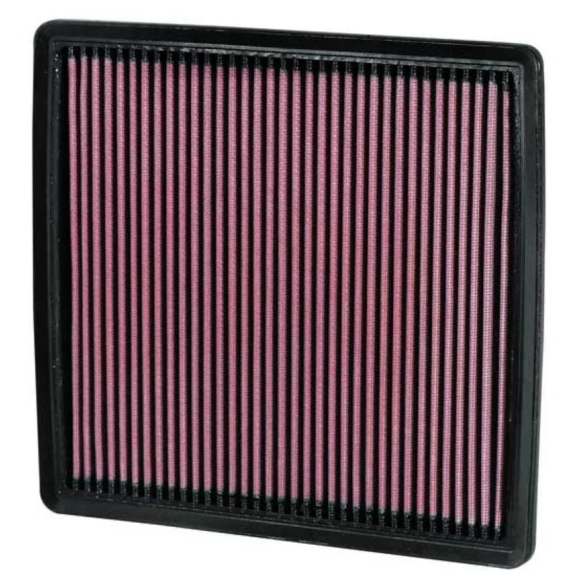 K&N 33-2385 rectangular high-flow air filter with red oiled cotton media and black rubber frame.